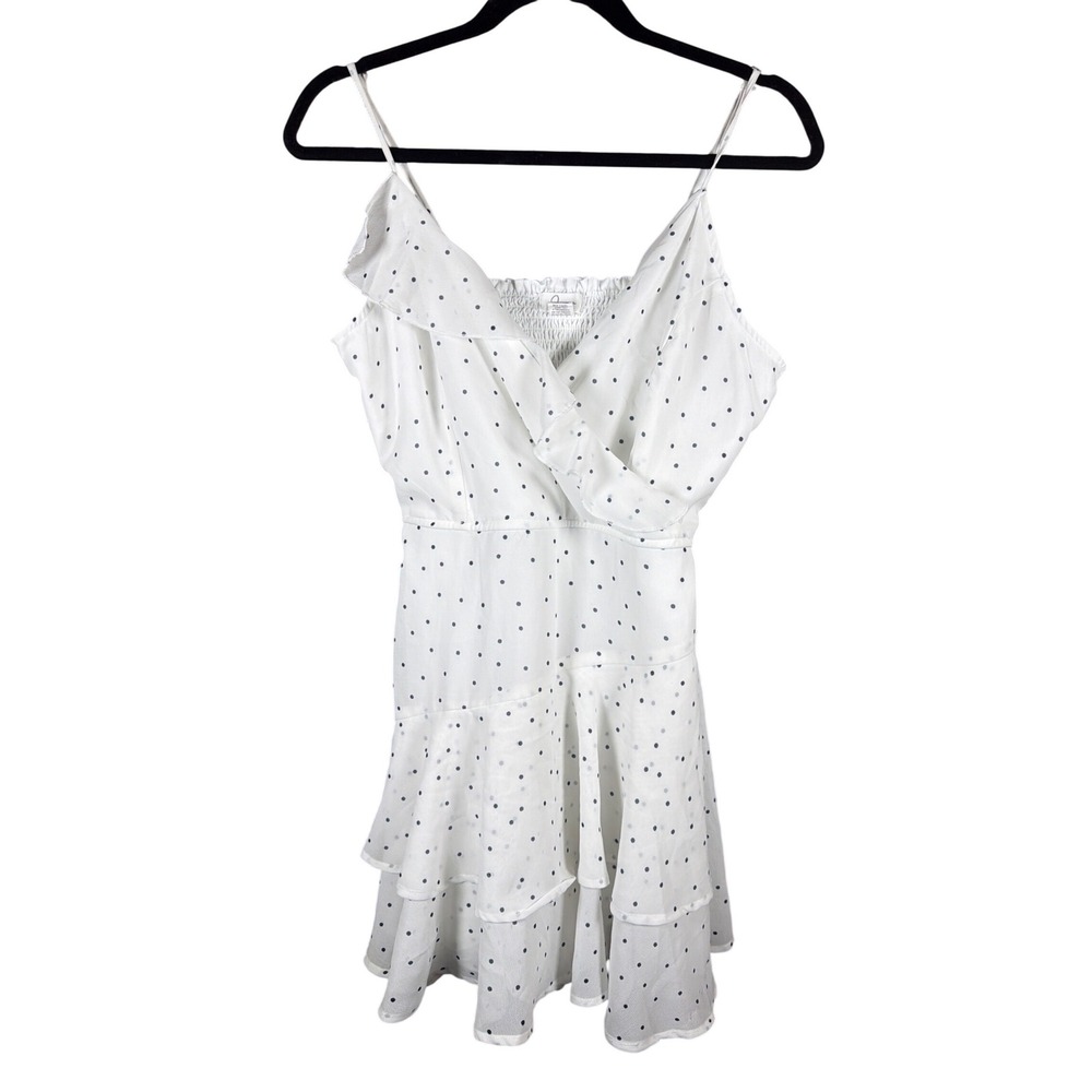 Japna Womens White Navy Polka Dot Ruffle Smocked Back Mini Dress‎ Size M